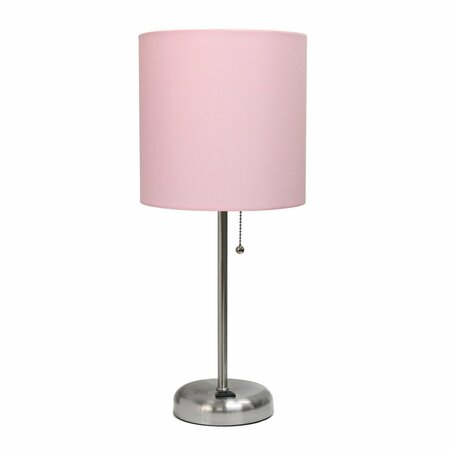 CREEKWOOD HOME Oslo 19.5in Power Outlet Base Metal Table Lamp, Brushed Steel, Light Pink Drum Fabric Shade CWT-2009-LP